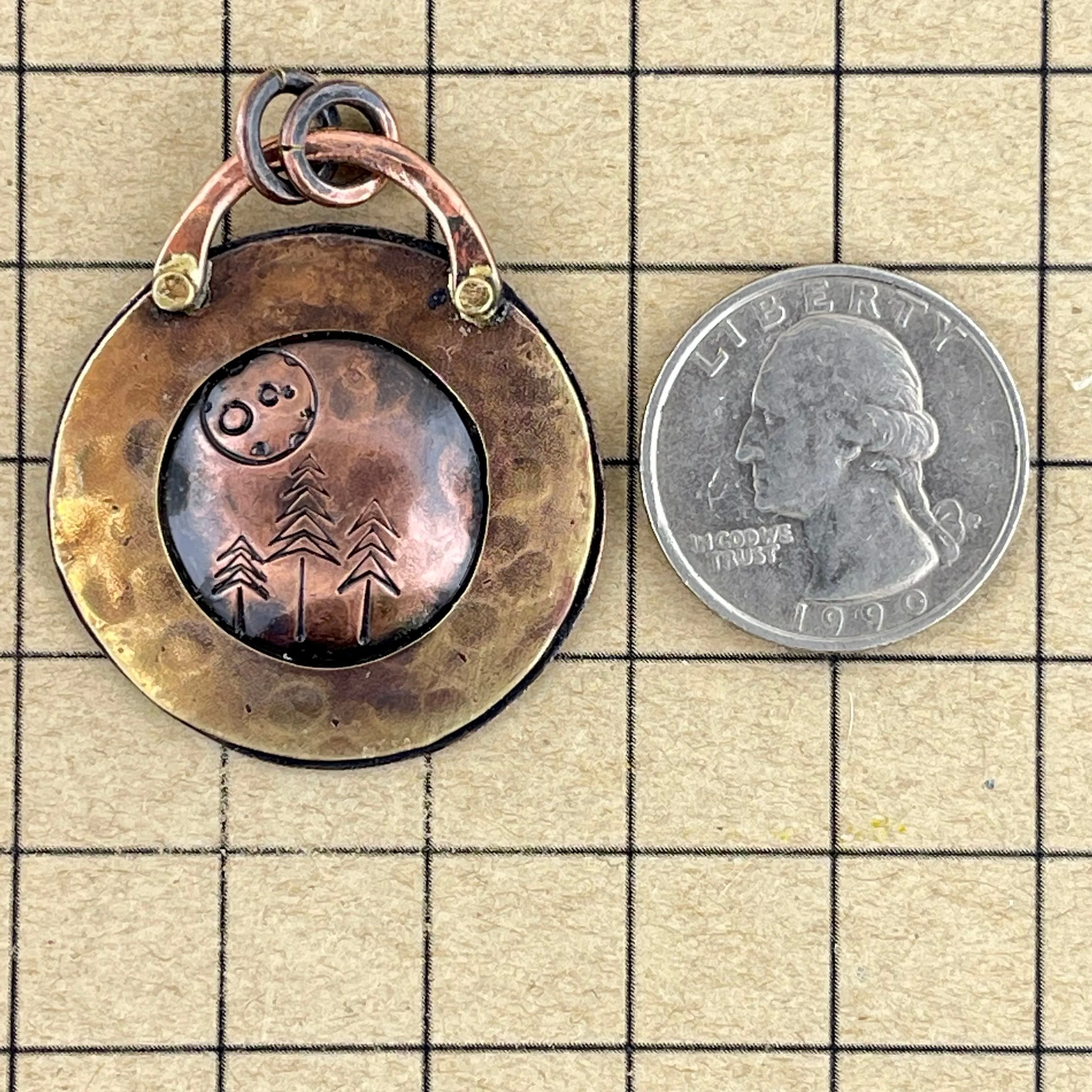 Antiqued Copper and Brass Pendant with Moonlit Pine Trees