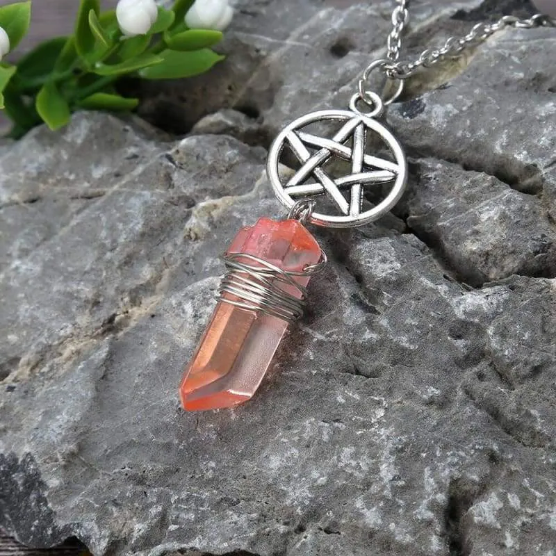 Aura Quartz Wicca Pendant Necklace Rough Stone Raw Stone Crystal with 70cm Chain