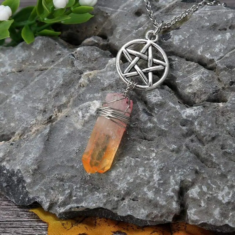 Aura Quartz Wicca Pendant Necklace Rough Stone Raw Stone Crystal with 70cm Chain