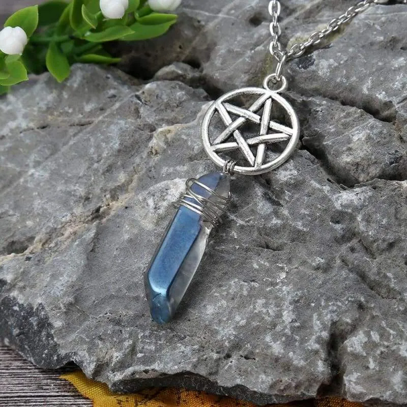 Aura Quartz Wicca Pendant Necklace Rough Stone Raw Stone Crystal with 70cm Chain