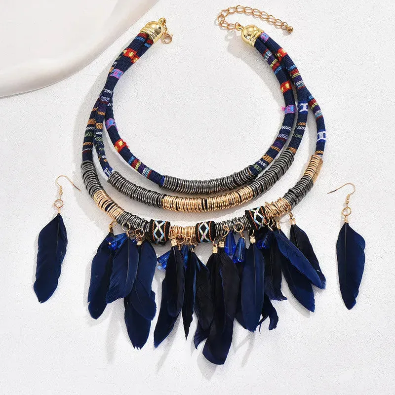 Boho Feather Multi Layer Necklace & Earrings Set