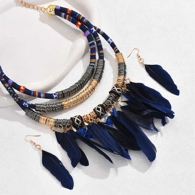 Boho Feather Multi Layer Necklace & Earrings Set