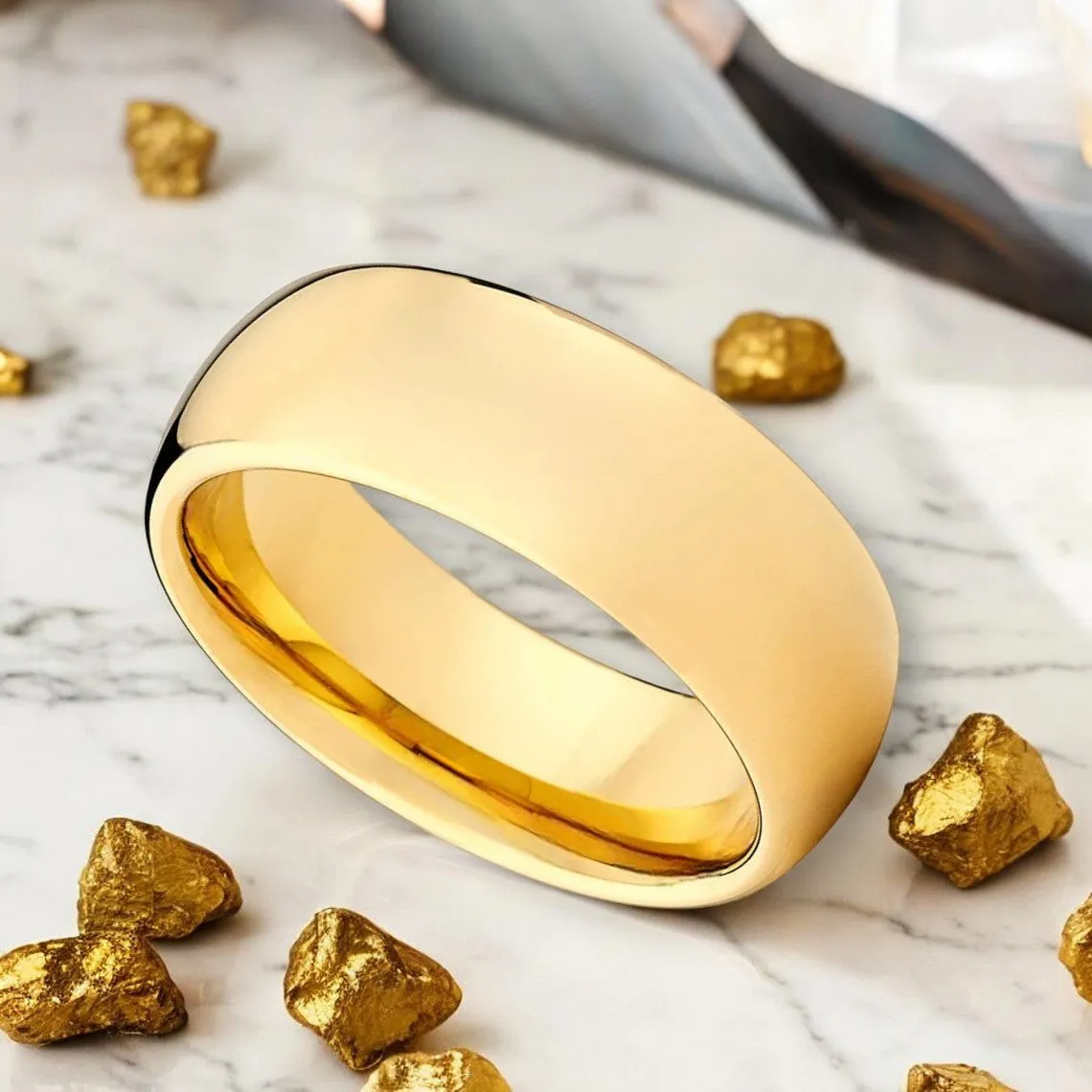 BRILLIUM | Gold Tungsten Ring, Shiny High Polished, Domed