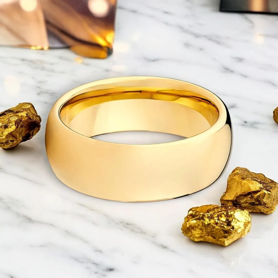 BRILLIUM | Gold Tungsten Ring, Shiny High Polished, Domed