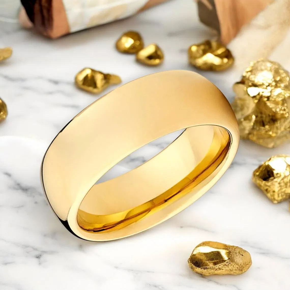 BRILLIUM | Gold Tungsten Ring, Shiny High Polished, Domed