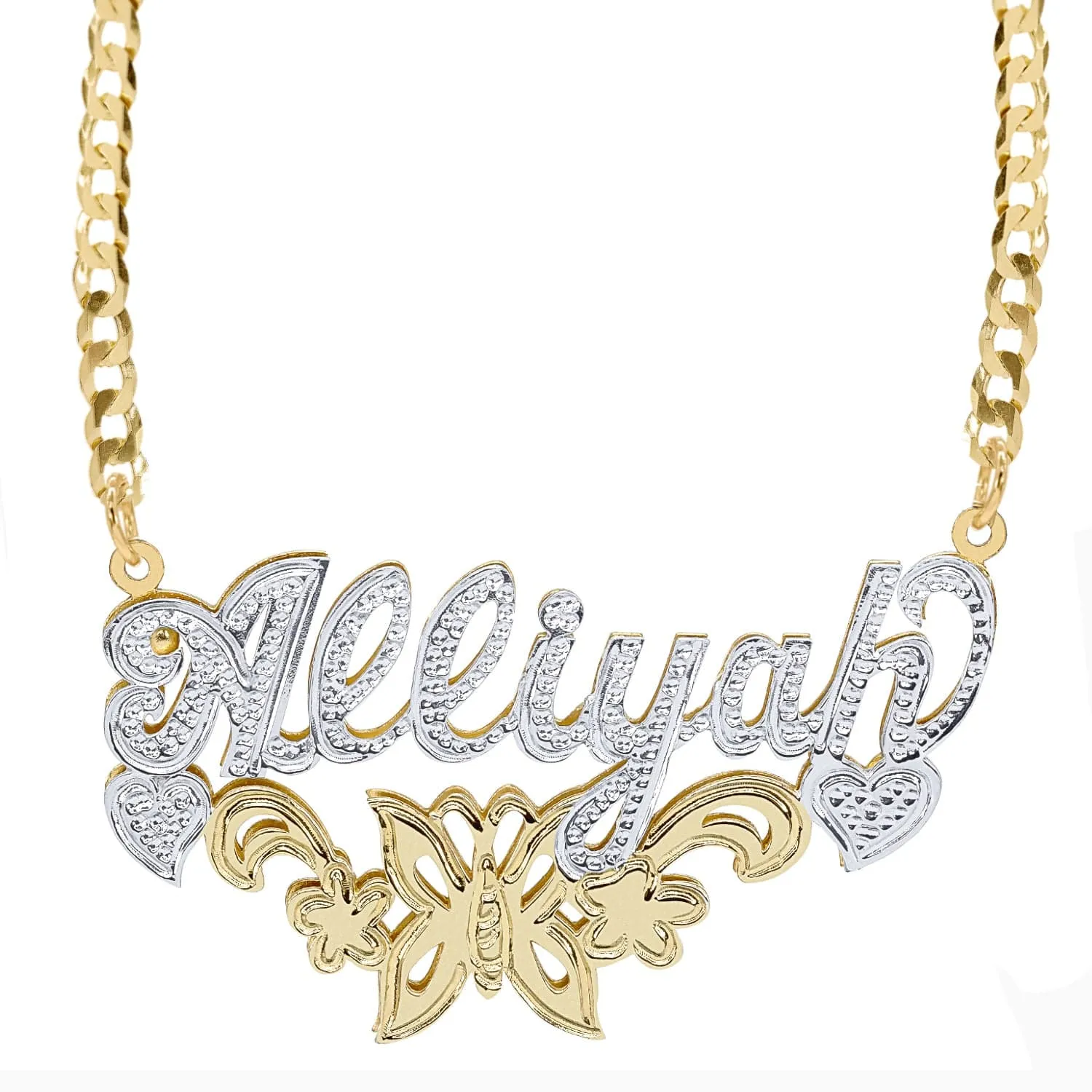 Butterfly Double Plated Name Necklace with Cuban Chain