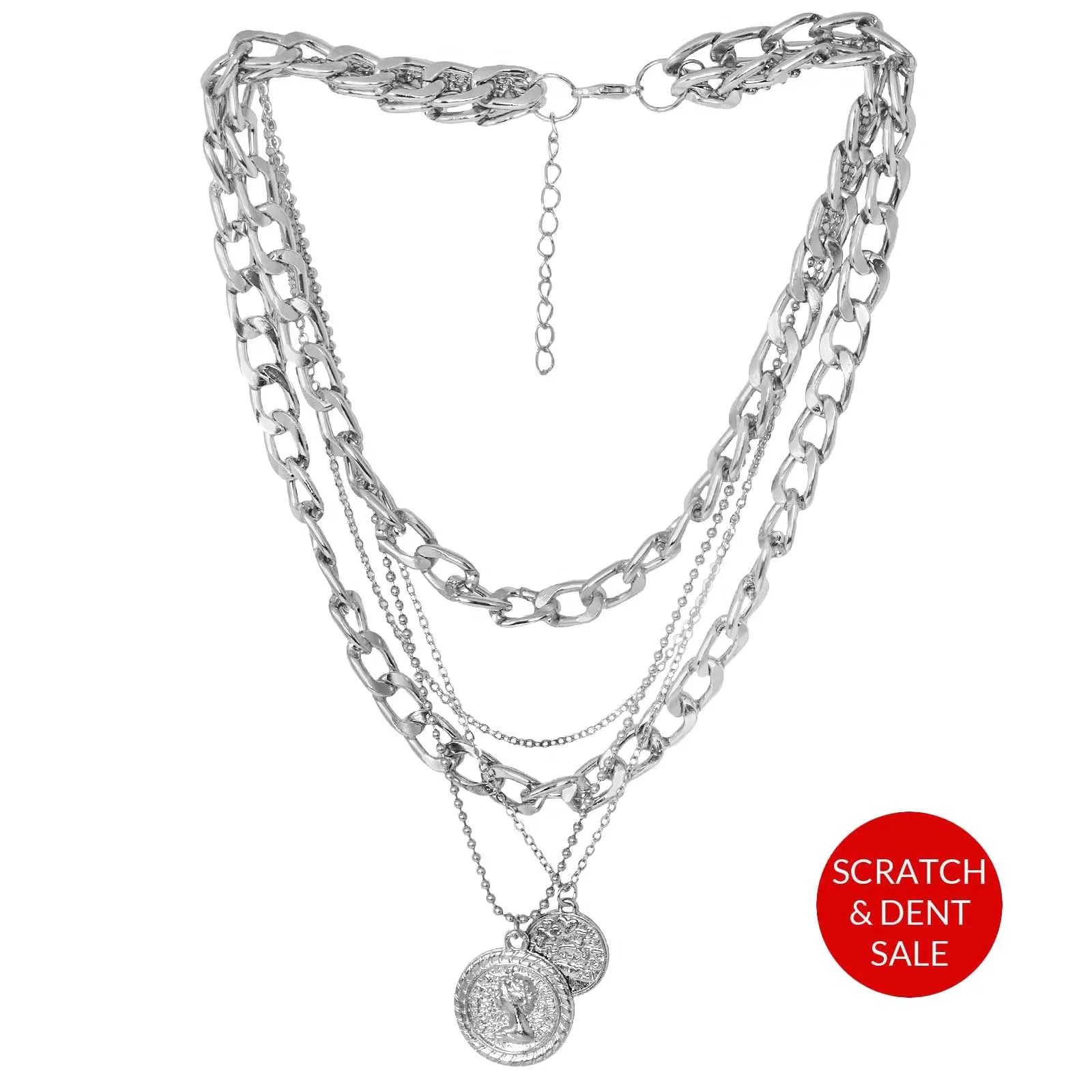 Chain Link Medallion Layered Silver Necklace - Sample