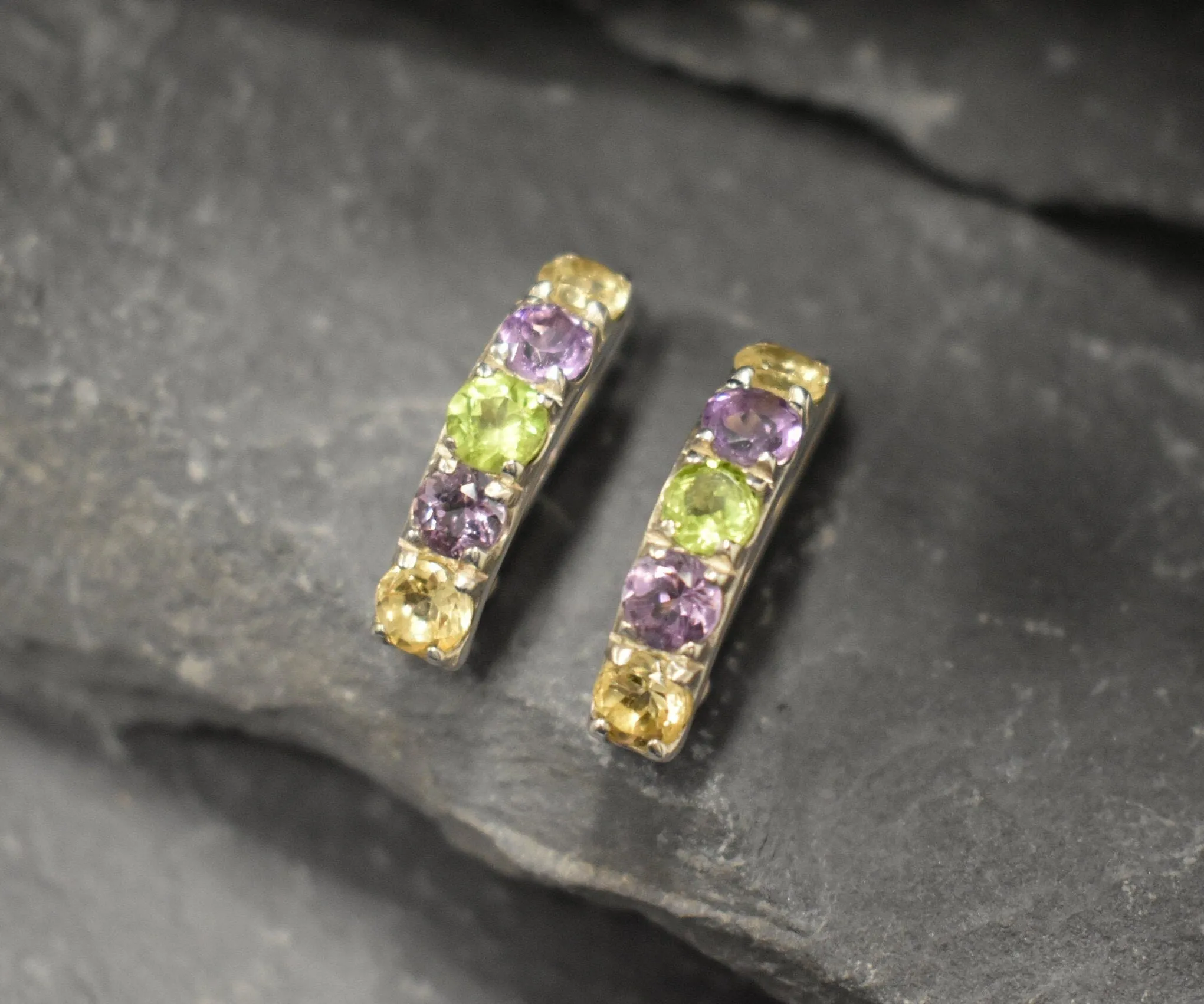 Colorful Mutistone Earrings - Long Gemstone Earrings, Citrine Amethyst Peridot Earrings