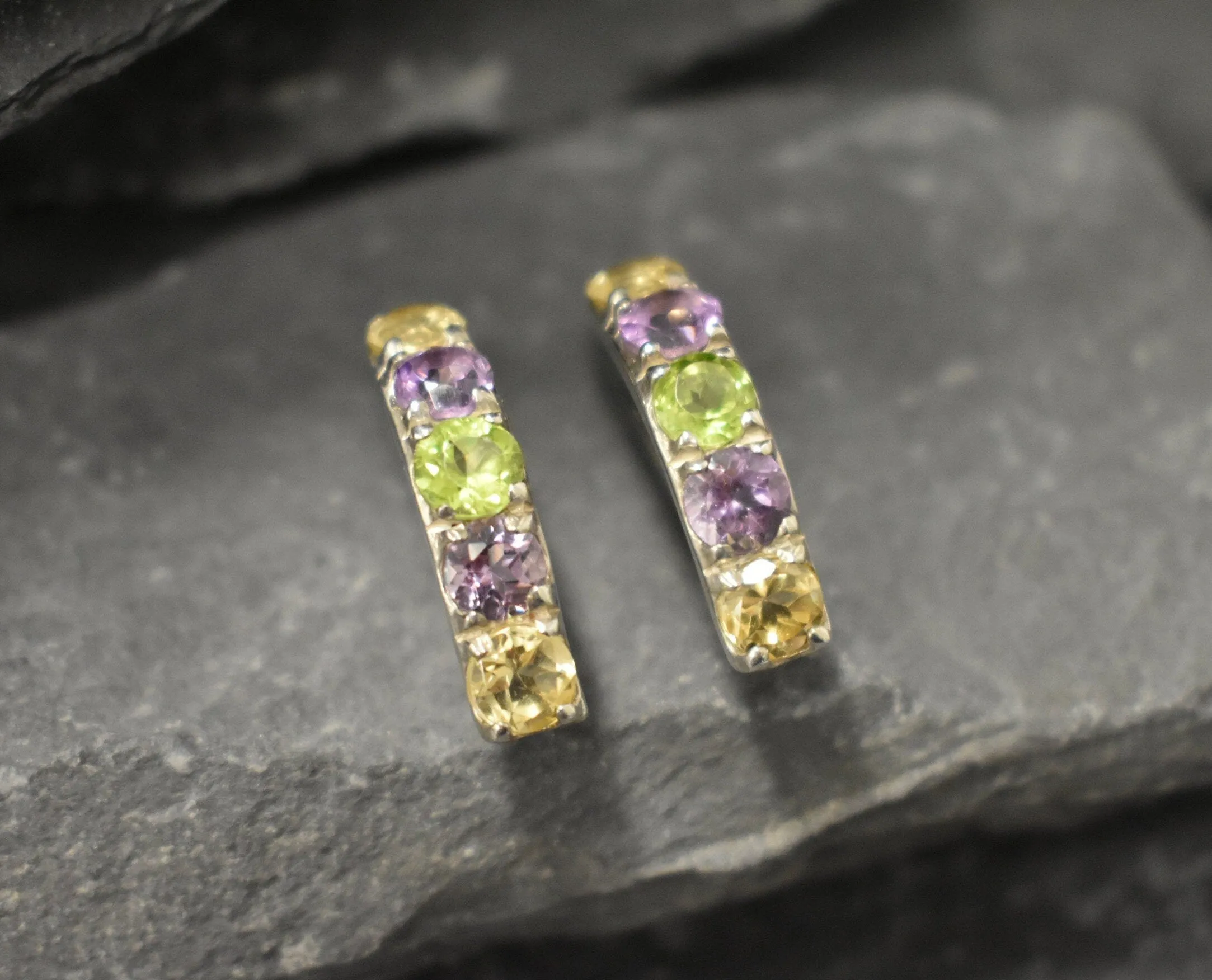 Colorful Mutistone Earrings - Long Gemstone Earrings, Citrine Amethyst Peridot Earrings