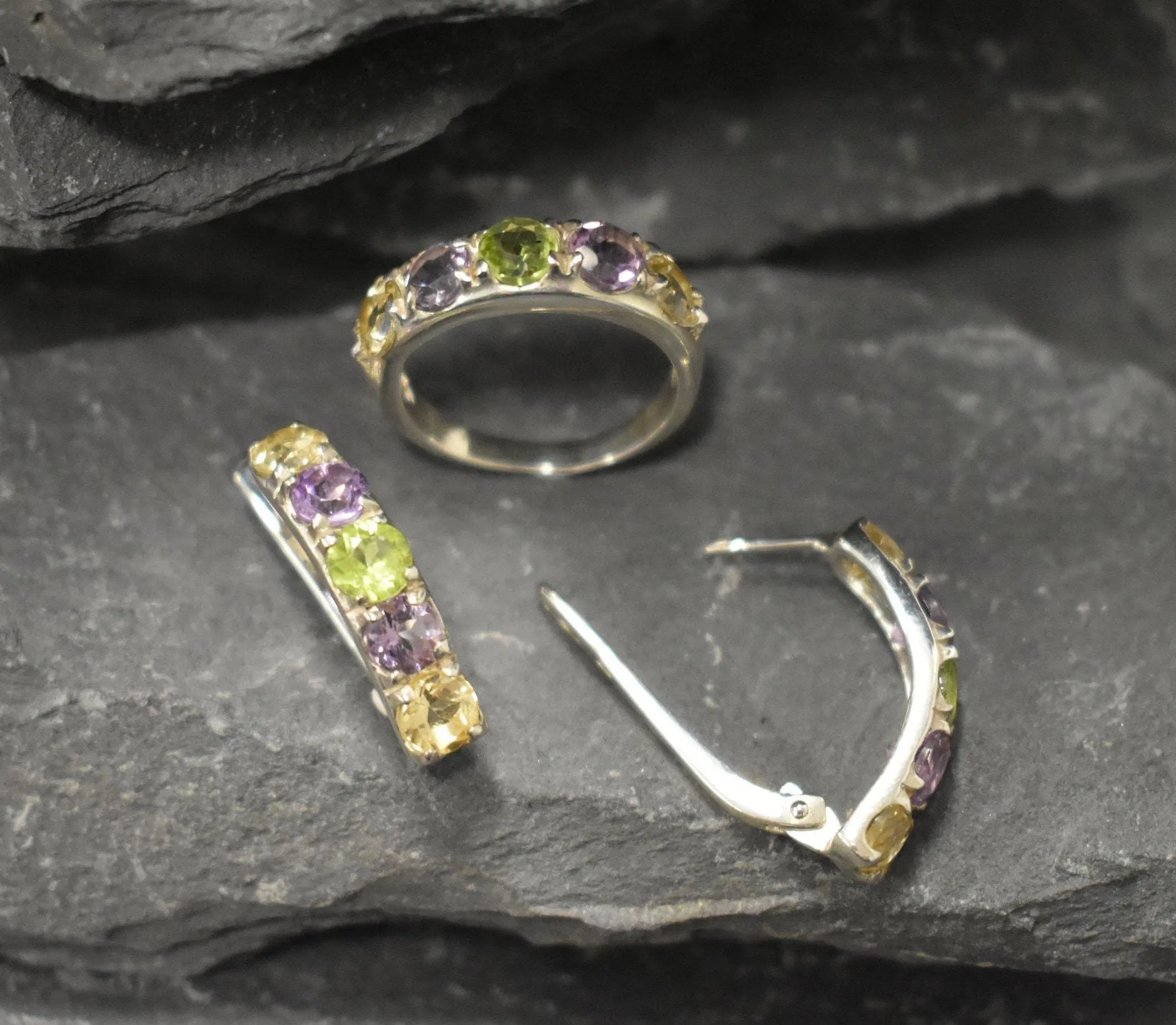 Colorful Mutistone Earrings - Long Gemstone Earrings, Citrine Amethyst Peridot Earrings