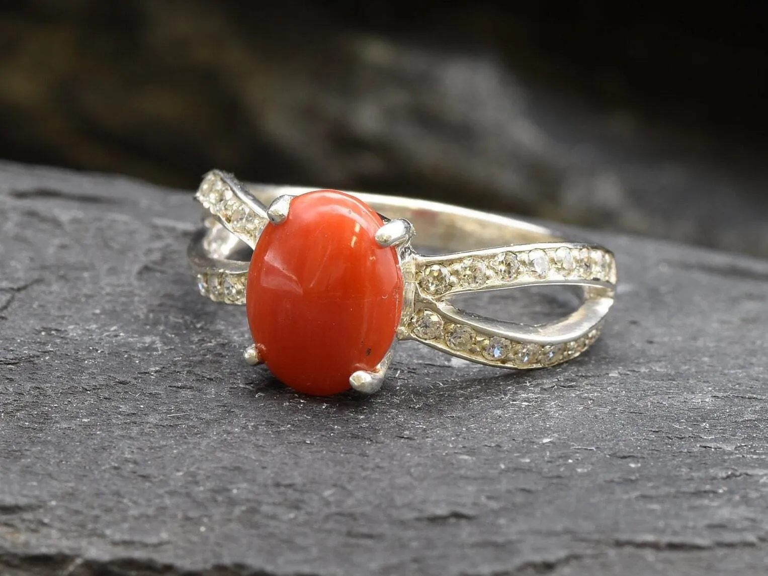 Coral Ring - Red Oval Ring - Diamond Split Shank Band