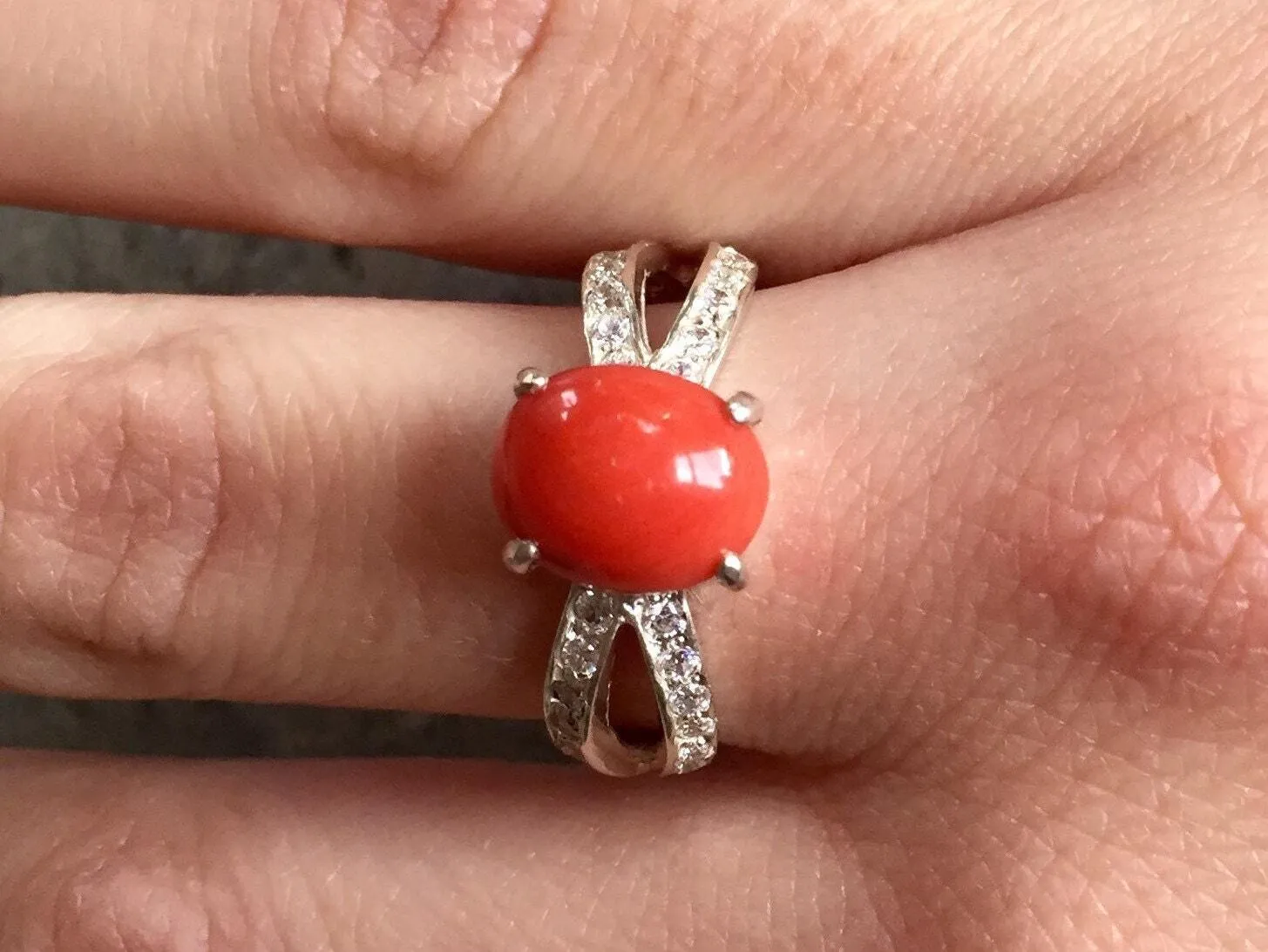 Coral Ring - Red Oval Ring - Diamond Split Shank Band