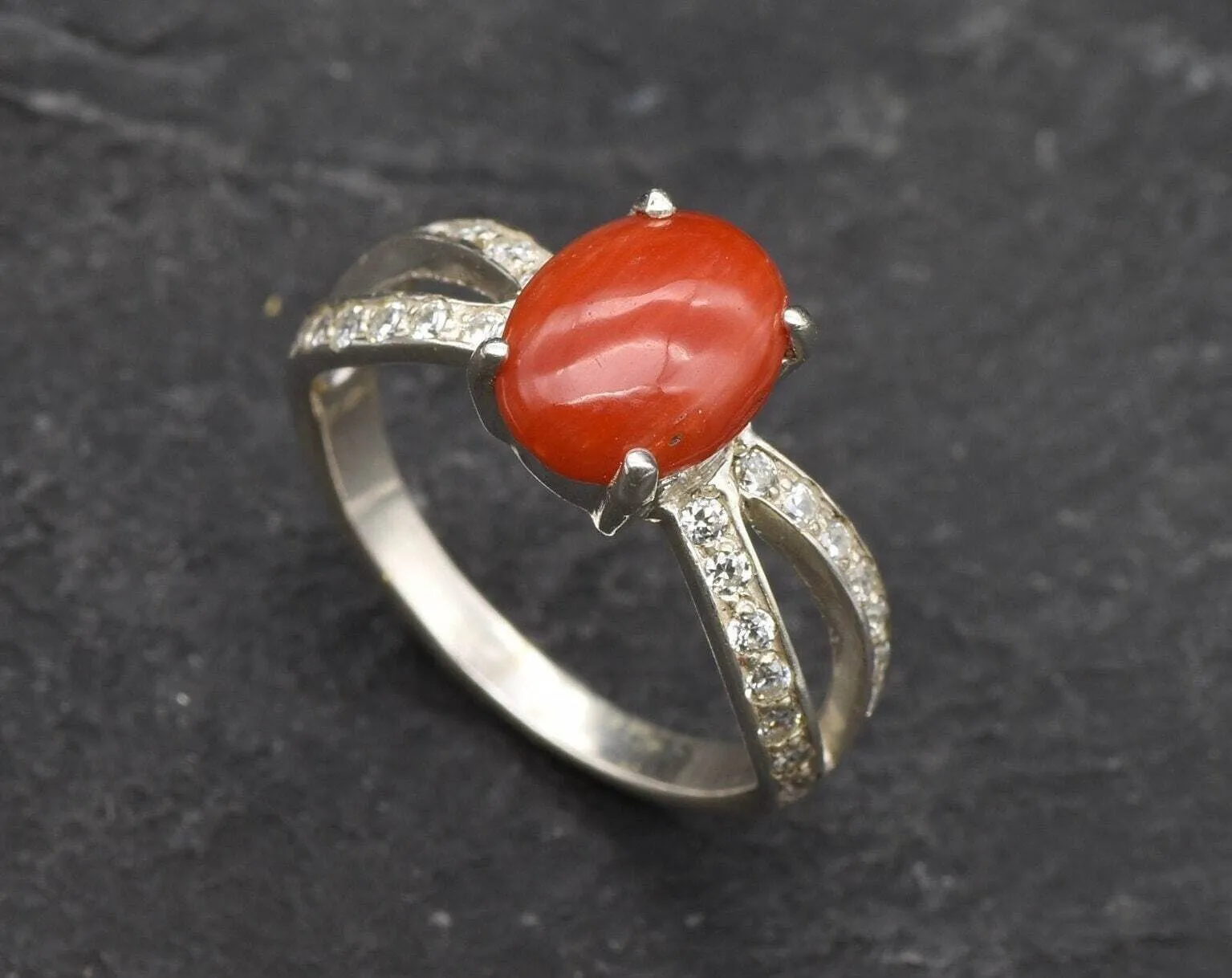 Coral Ring - Red Oval Ring - Diamond Split Shank Band