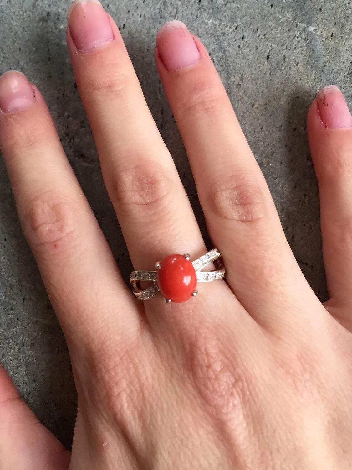 Coral Ring - Red Oval Ring - Diamond Split Shank Band