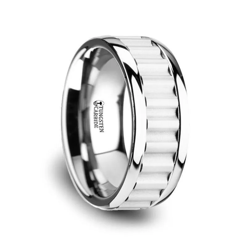 CUTLASS Tungsten Carbide Wedding Band with Gear Teeth Inlay & Polished Edges - 9mm