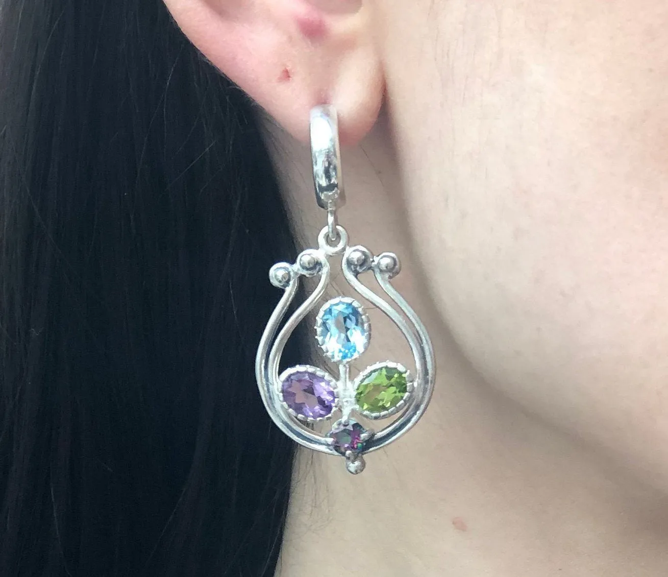 Dangling Harp Earrings - Genuine Stones Earrings - Blue Purple Green Earrings