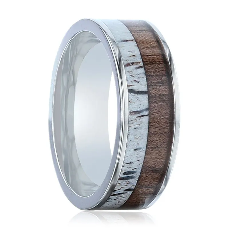 DARBY | Silver Titanium Ring, Deer Antler and Black Walnut Wood Inlay, Flat