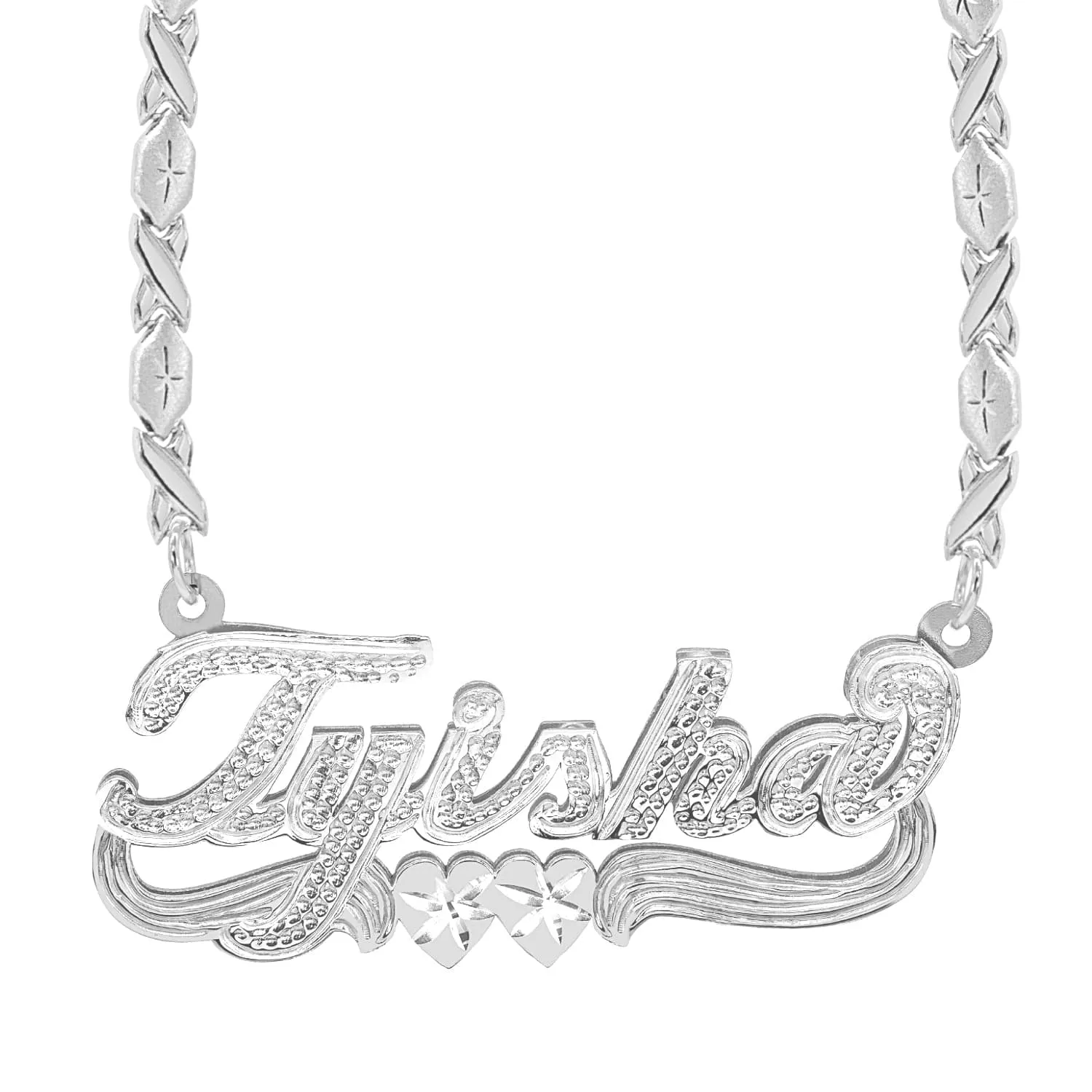 Double Script Name Plate With Beading Tyisha with Xoxo chain