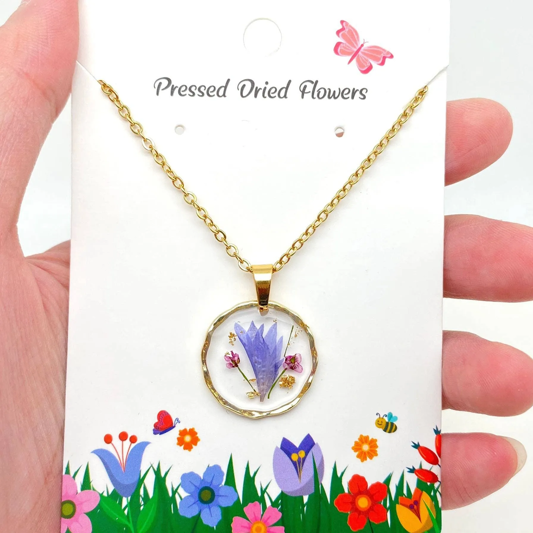 Dried Flowers Floral Irregular Round Pendant Necklace | Nature Lovers Fashion Jewelry