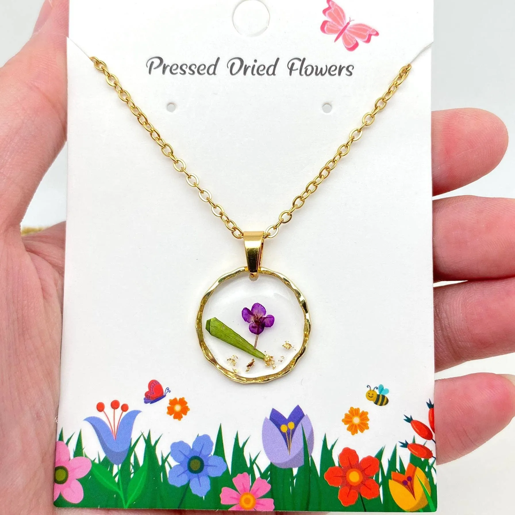 Dried Flowers Floral Irregular Round Pendant Necklace | Nature Lovers Fashion Jewelry