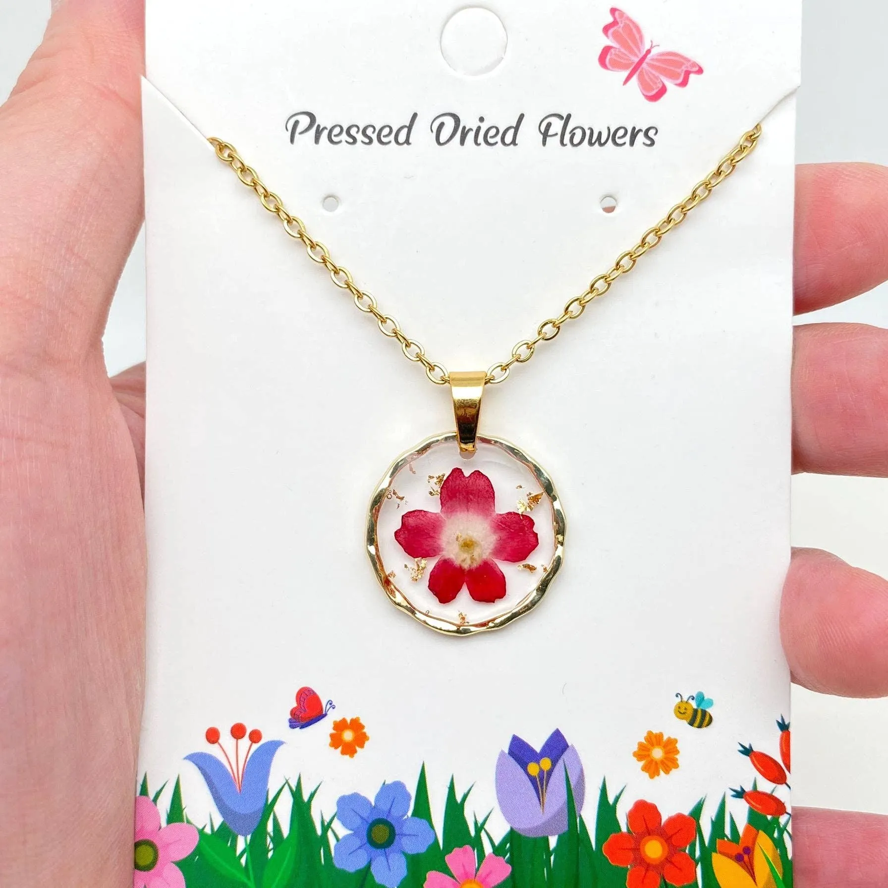 Dried Flowers Floral Irregular Round Pendant Necklace | Nature Lovers Fashion Jewelry