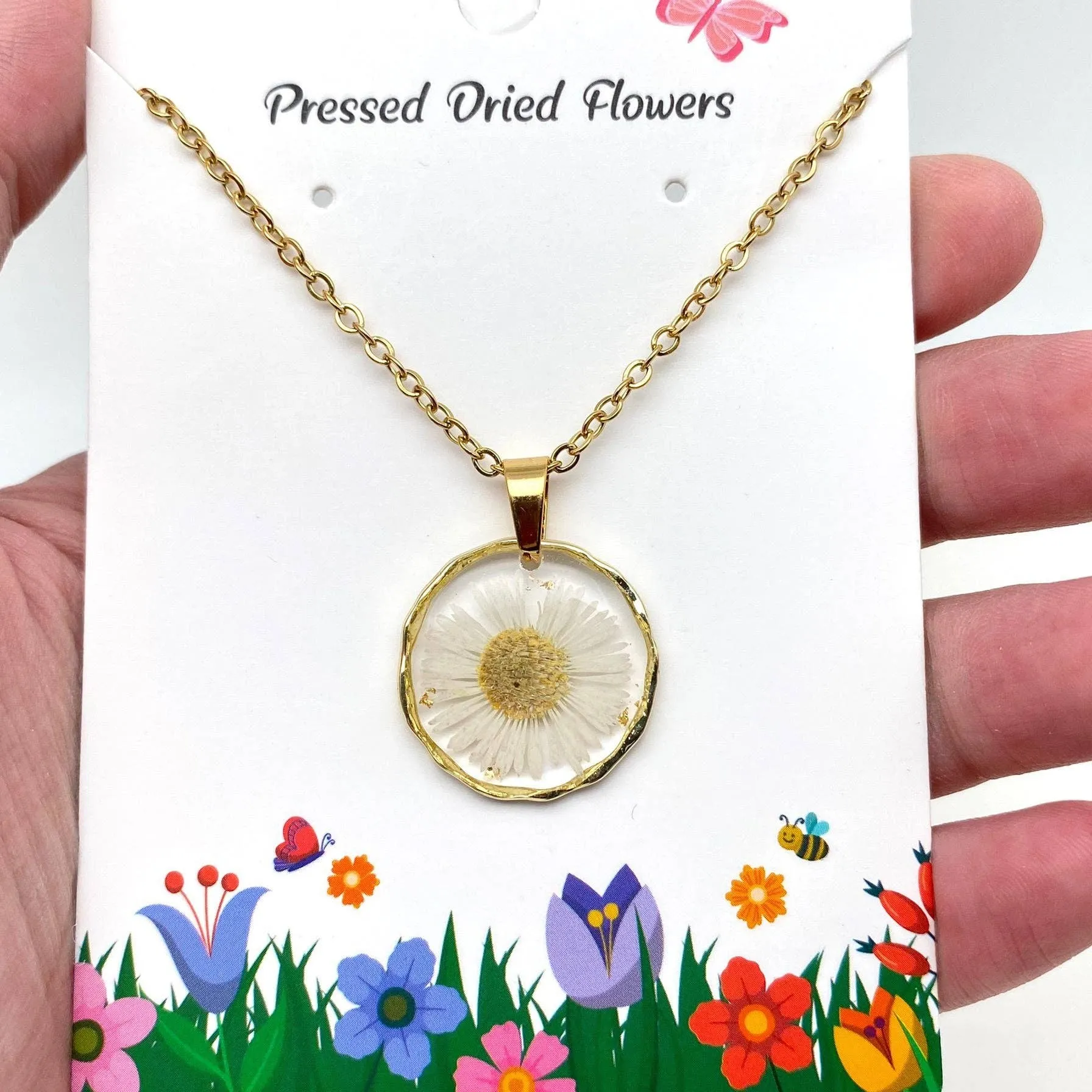 Dried Flowers Floral Irregular Round Pendant Necklace | Nature Lovers Fashion Jewelry