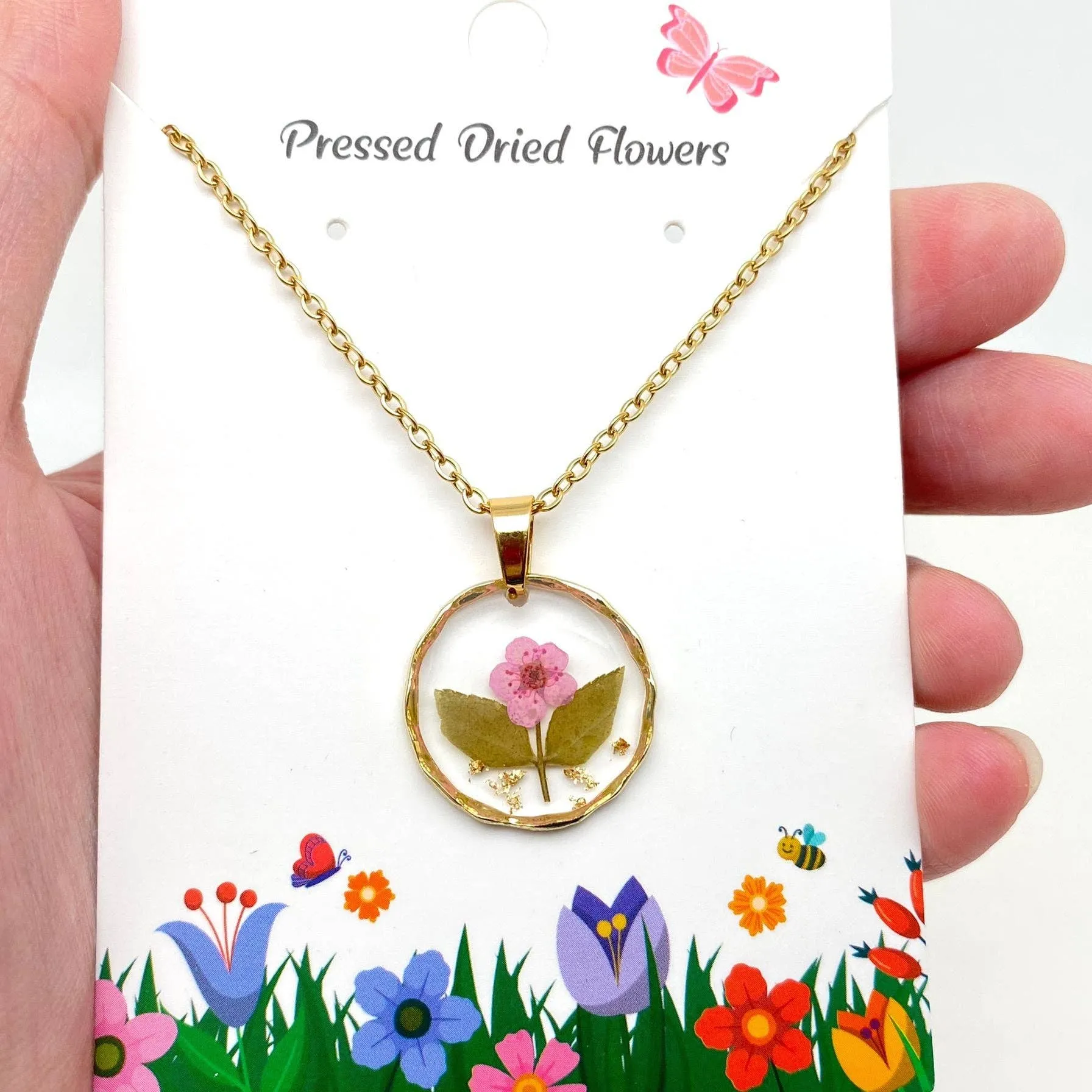 Dried Flowers Floral Irregular Round Pendant Necklace | Nature Lovers Fashion Jewelry