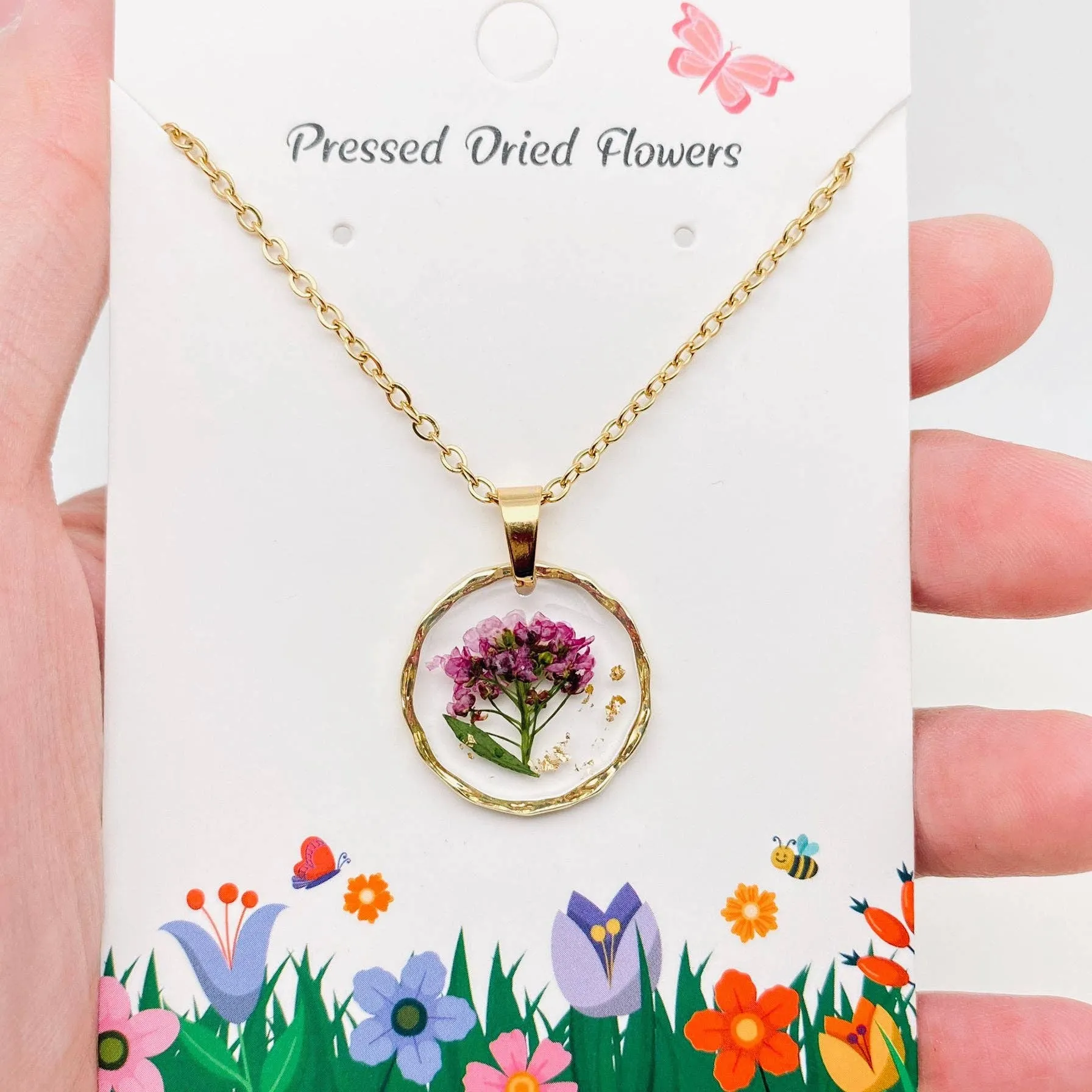 Dried Flowers Floral Irregular Round Pendant Necklace | Nature Lovers Fashion Jewelry