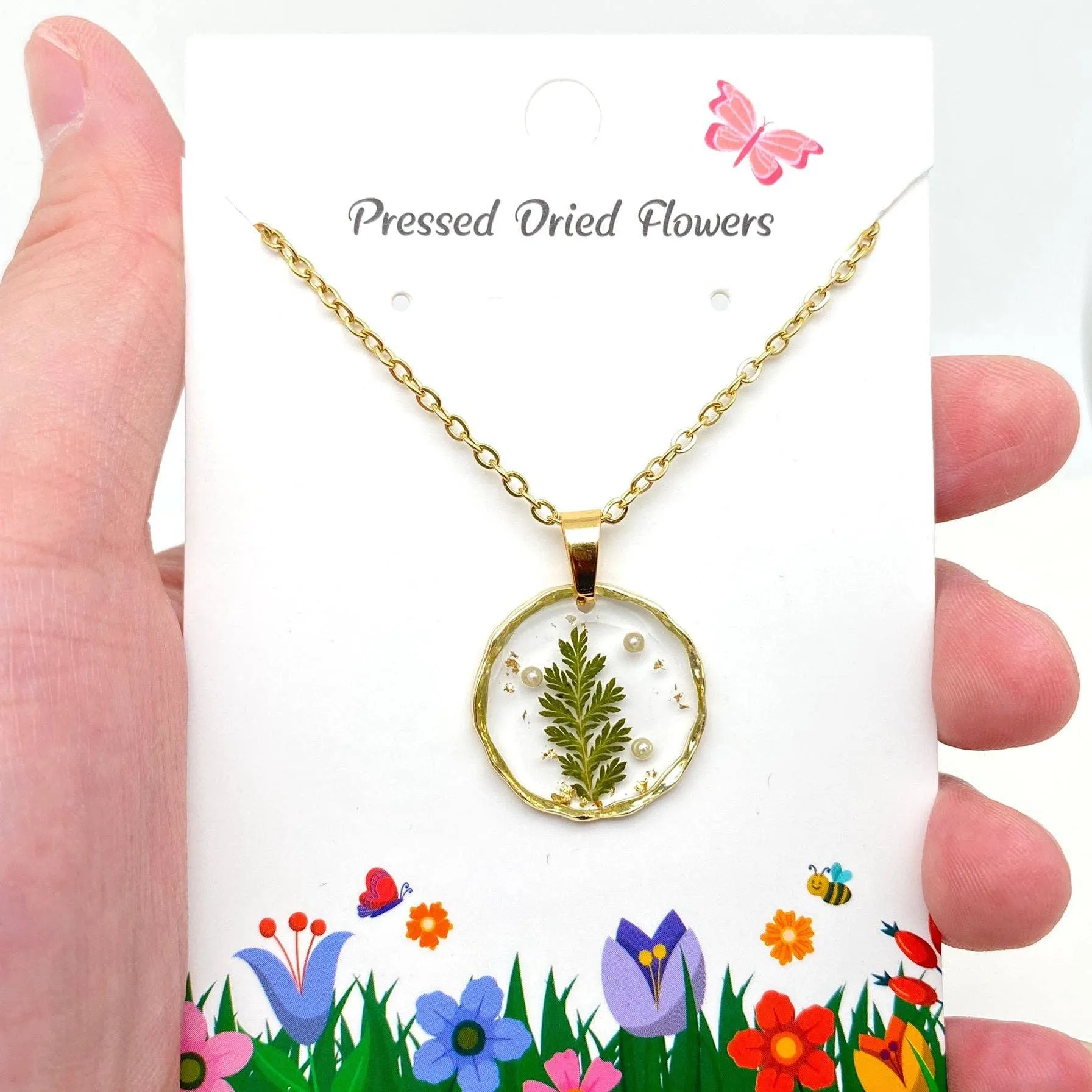 Dried Flowers Floral Irregular Round Pendant Necklace | Nature Lovers Fashion Jewelry