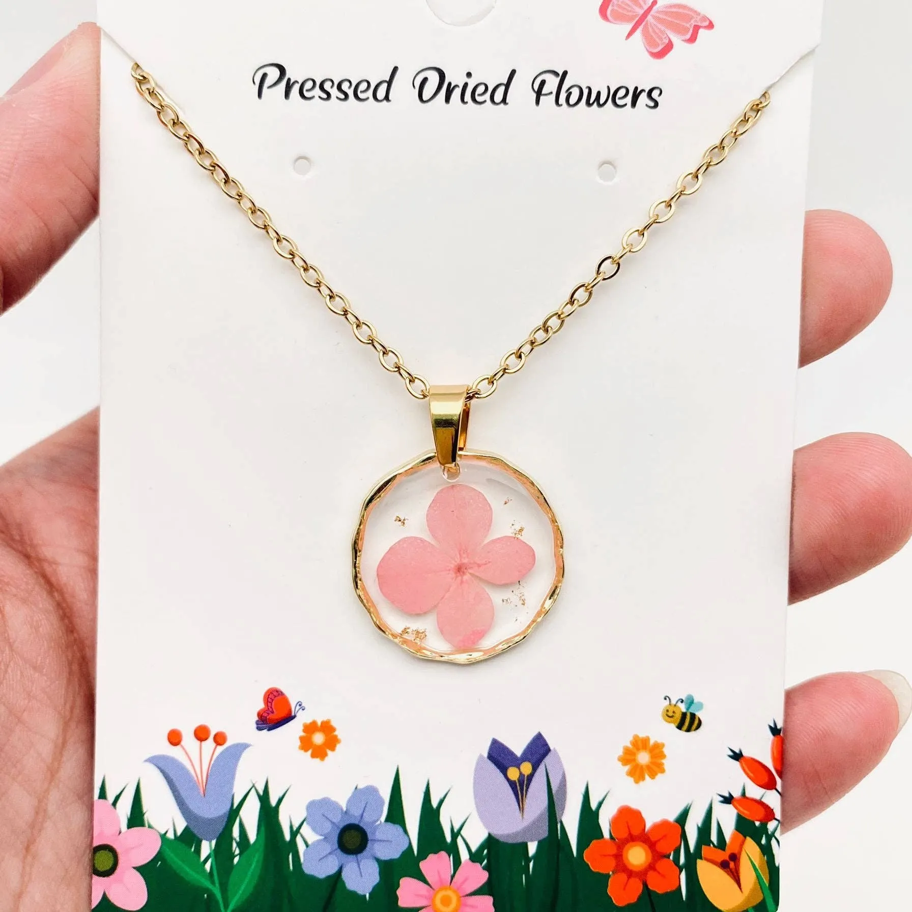 Dried Flowers Floral Irregular Round Pendant Necklace | Nature Lovers Fashion Jewelry