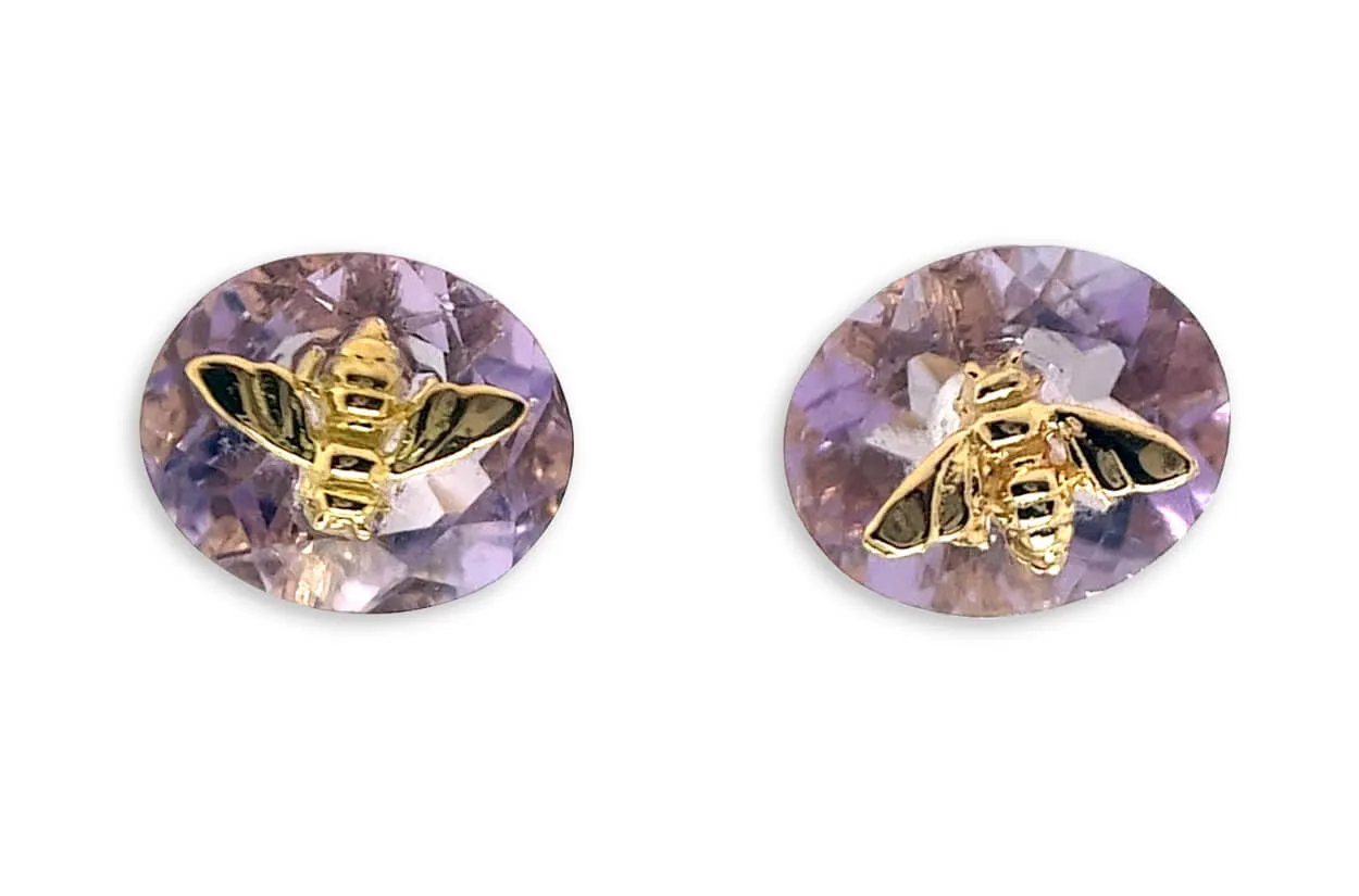 Earrings 18kt Gold Oval Amethyst & Bug Studs