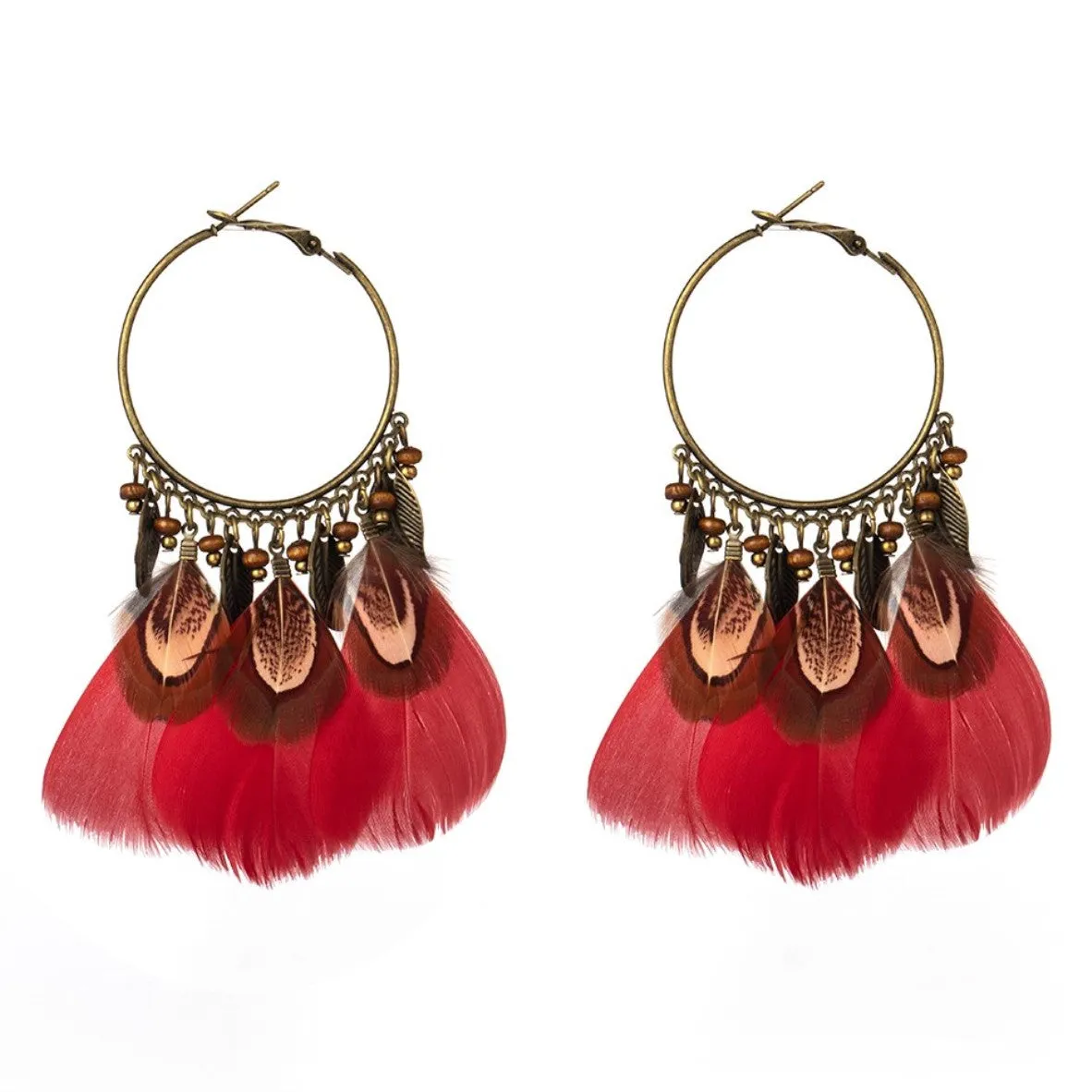 Ethnic Charm Hanging Drop Natural Feather Earrings