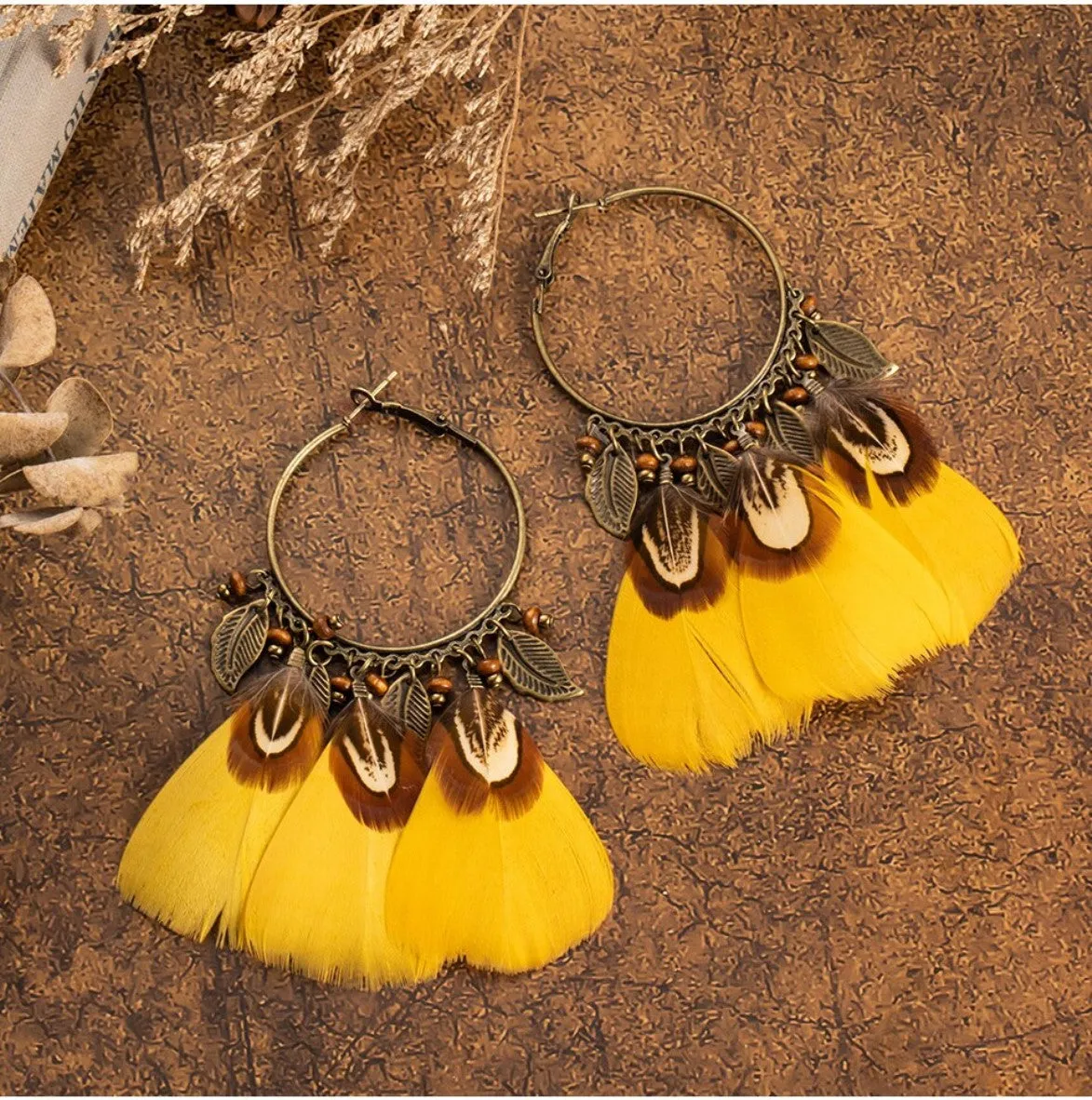 Ethnic Charm Hanging Drop Natural Feather Earrings