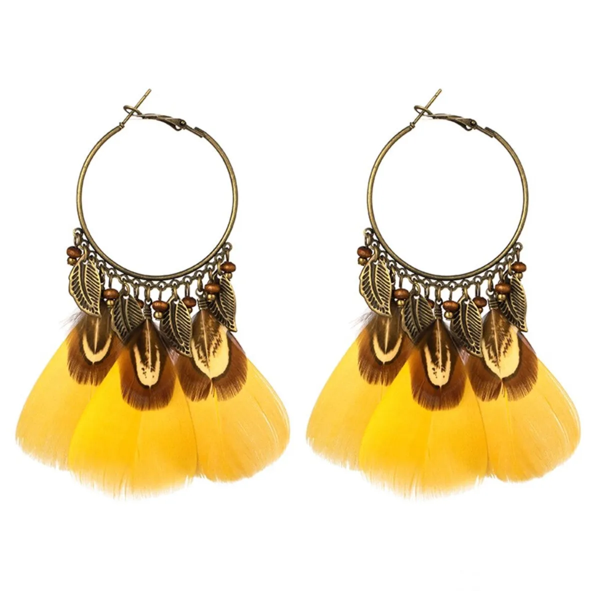 Ethnic Charm Hanging Drop Natural Feather Earrings