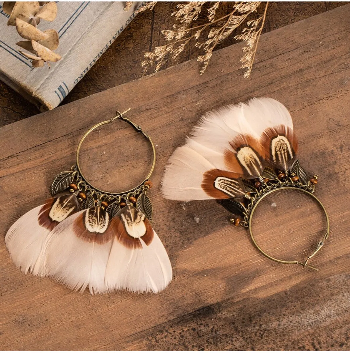 Ethnic Charm Hanging Drop Natural Feather Earrings