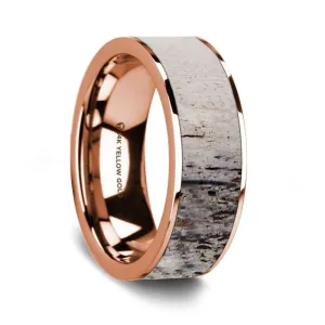 Flat Polished 14K Rose Gold Wedding Ring With Ombre Deer Antler Inlay - 8 mm