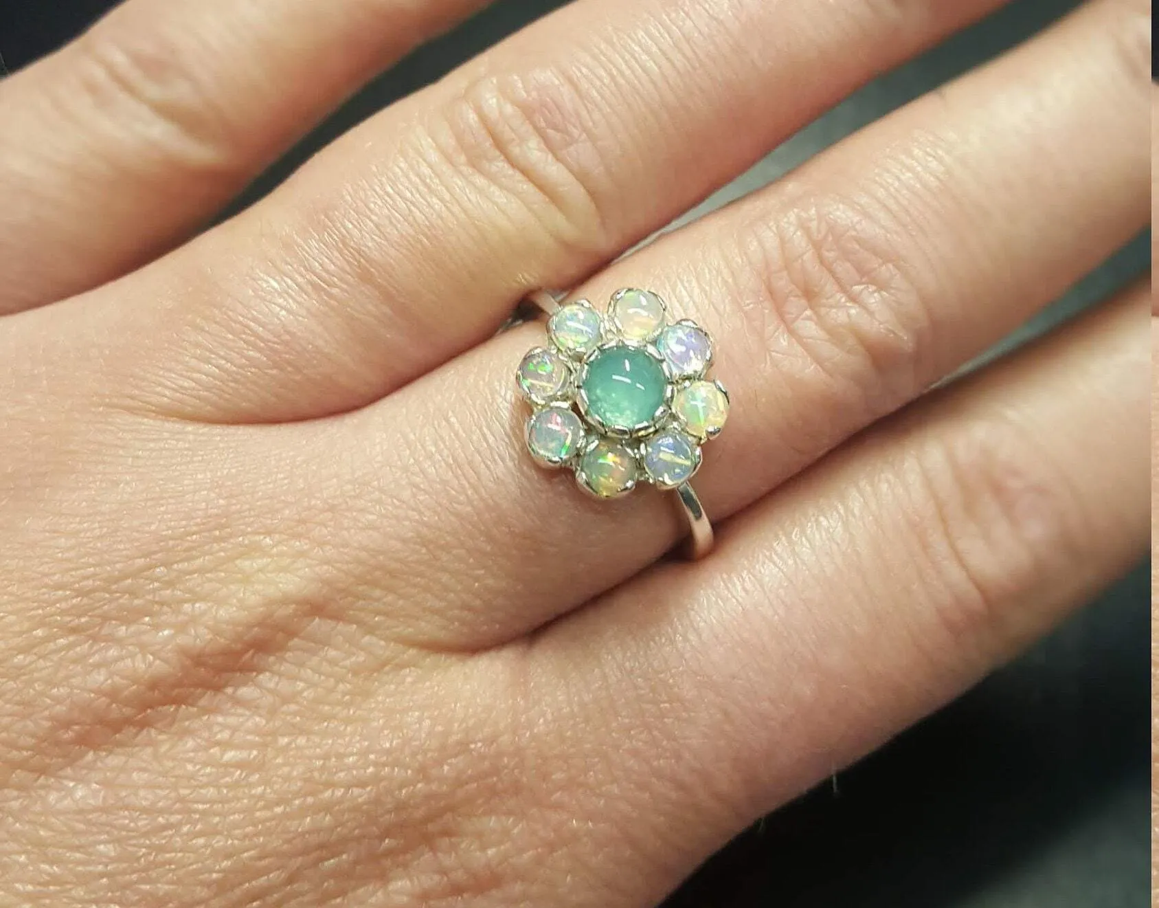 Flower Opal Ring - Green Chrysoprase Ring - Vintage Flower Ring