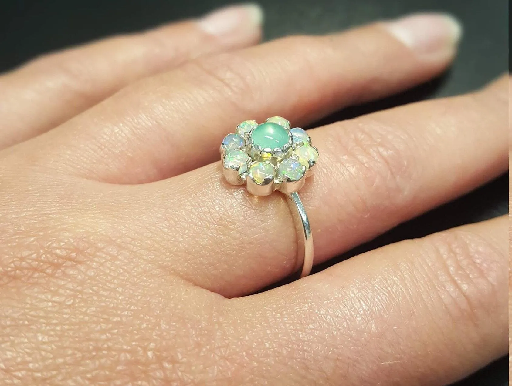 Flower Opal Ring - Green Chrysoprase Ring - Vintage Flower Ring