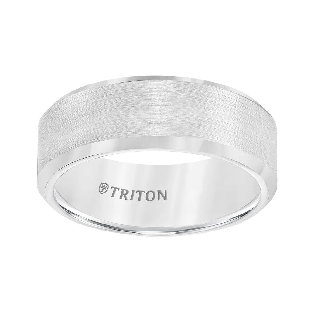 FORREST 8mm Bevel Edge White Tungsten Carbide Comfort Fit Band with Satin Finish Center and Bright Polished Edge