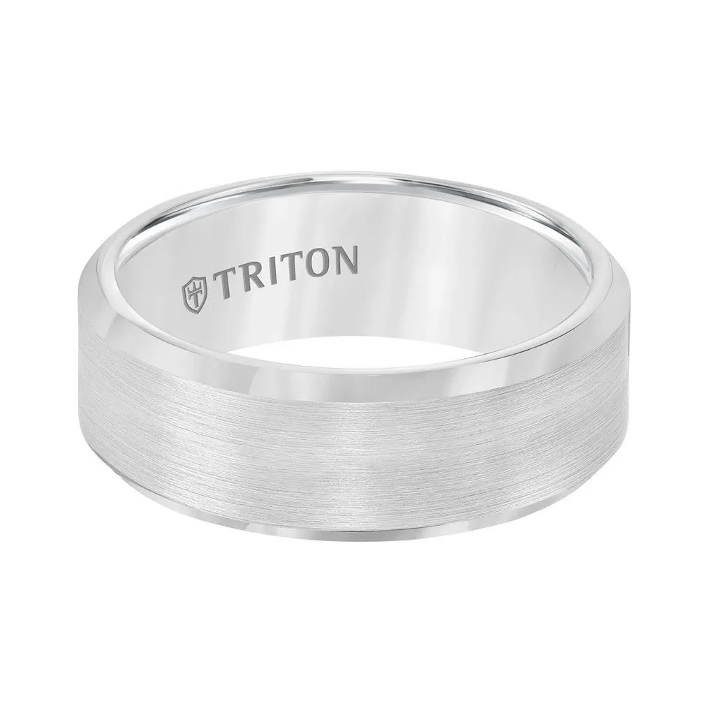 FORREST 8mm Bevel Edge White Tungsten Carbide Comfort Fit Band with Satin Finish Center and Bright Polished Edge