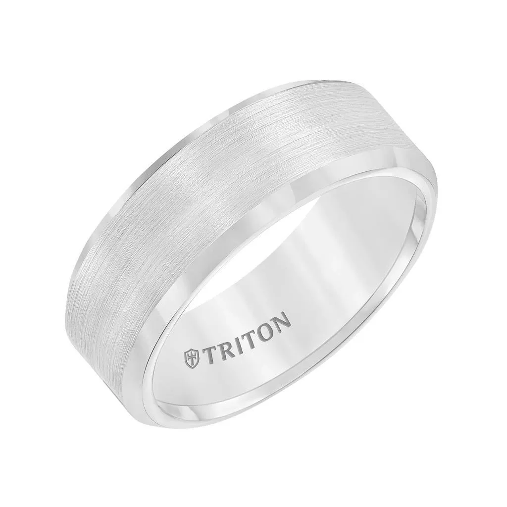 FORREST 8mm Bevel Edge White Tungsten Carbide Comfort Fit Band with Satin Finish Center and Bright Polished Edge