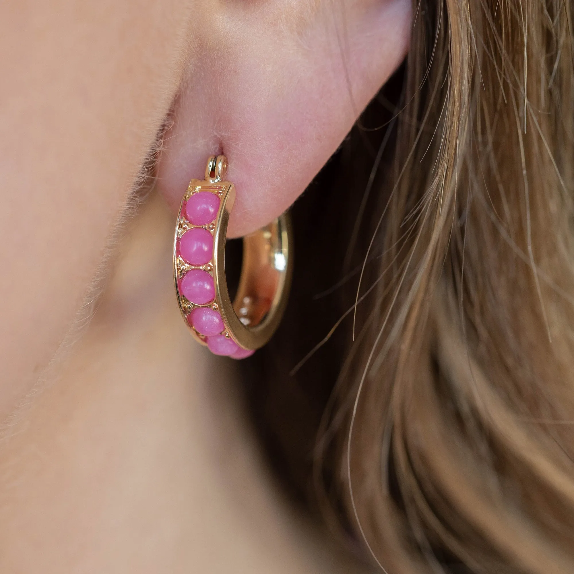 Gemstone Hoop Earrings, Reconstituted Pink Agate