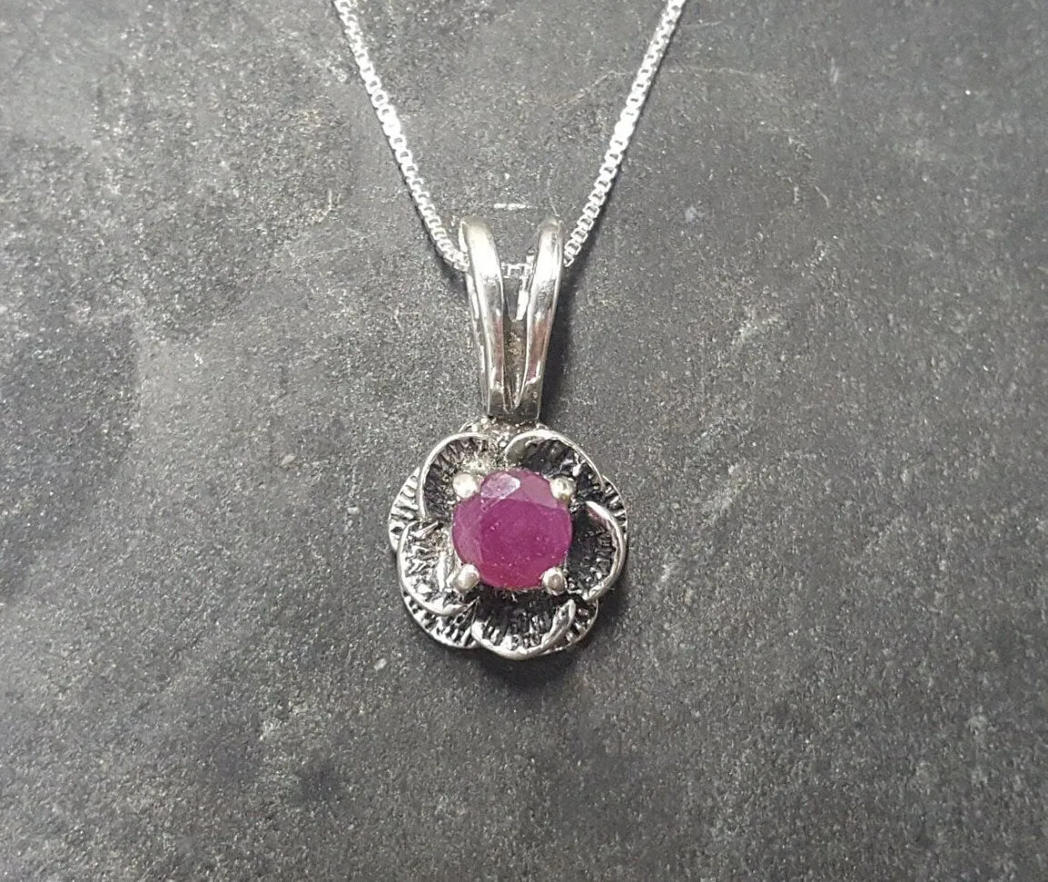 Genuine Ruby Pendant - Red Flower Pendant - July Birthstone Necklace