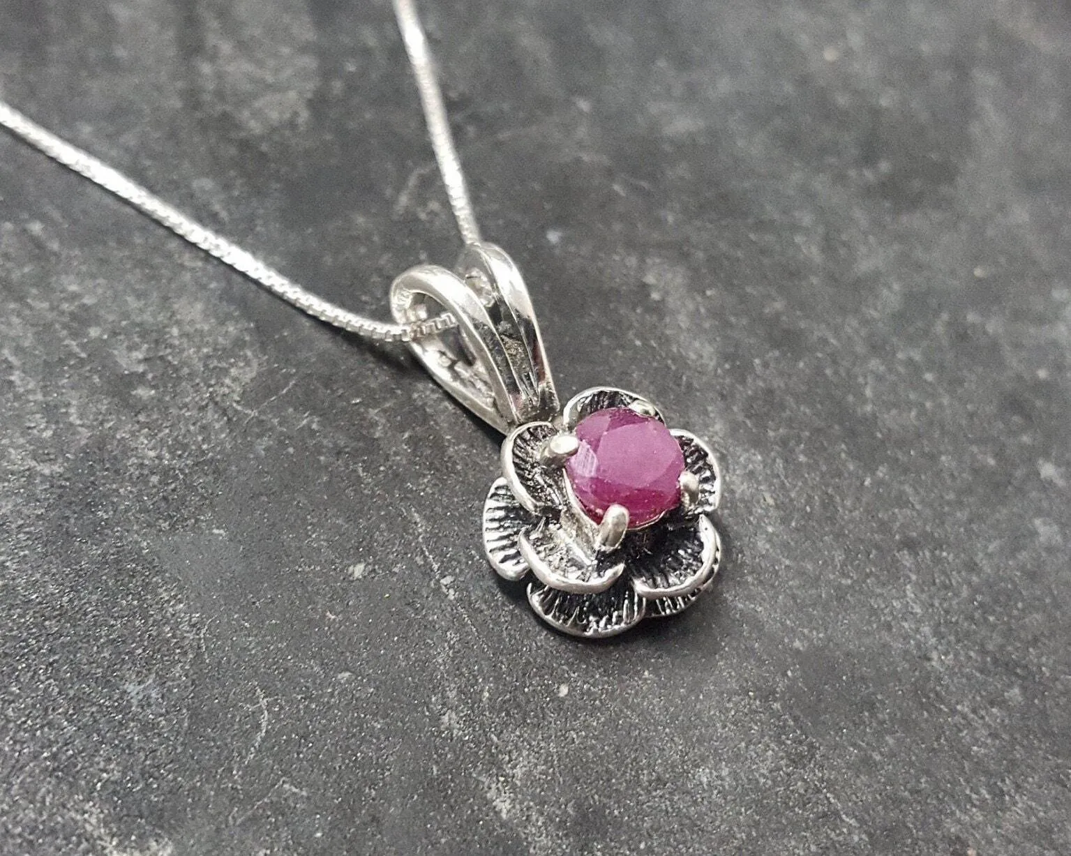 Genuine Ruby Pendant - Red Flower Pendant - July Birthstone Necklace