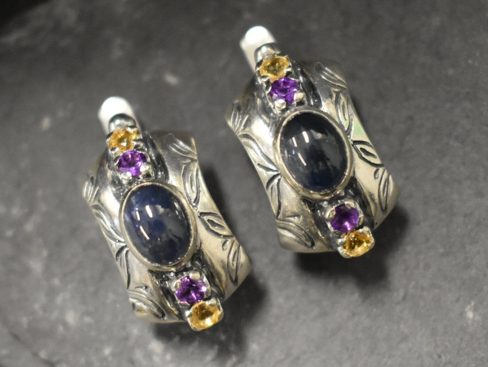 Genuine Sapphire Earrings - Genuine Citrine Amethyst Earrings - Blue Yellow Purple Tribal Earrings