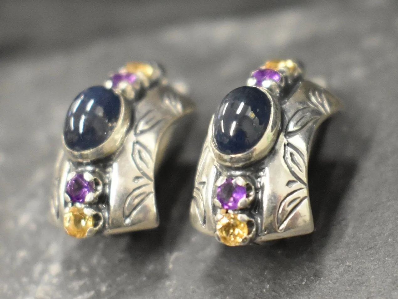 Genuine Sapphire Earrings - Genuine Citrine Amethyst Earrings - Blue Yellow Purple Tribal Earrings