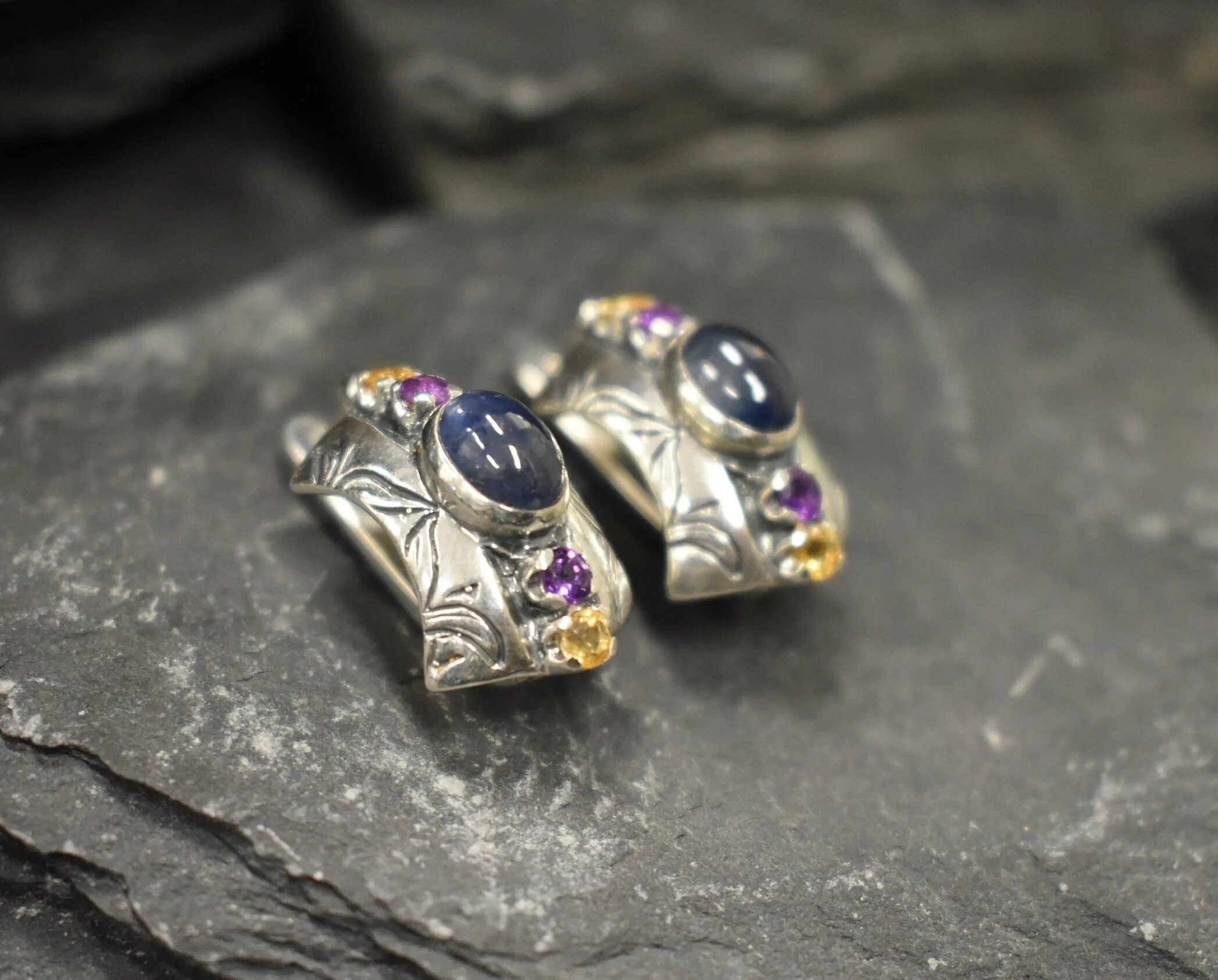 Genuine Sapphire Earrings - Genuine Citrine Amethyst Earrings - Blue Yellow Purple Tribal Earrings