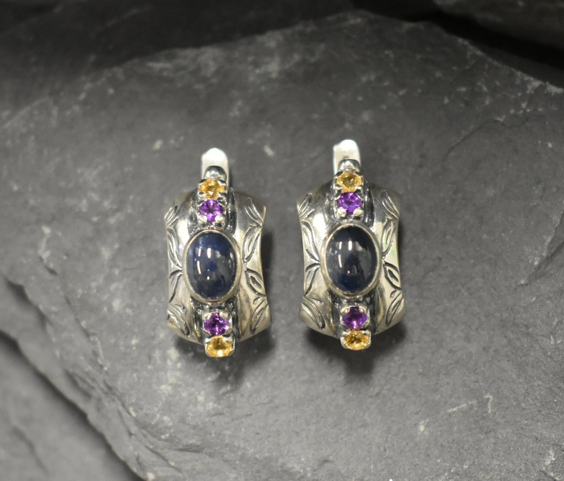 Genuine Sapphire Earrings - Genuine Citrine Amethyst Earrings - Blue Yellow Purple Tribal Earrings