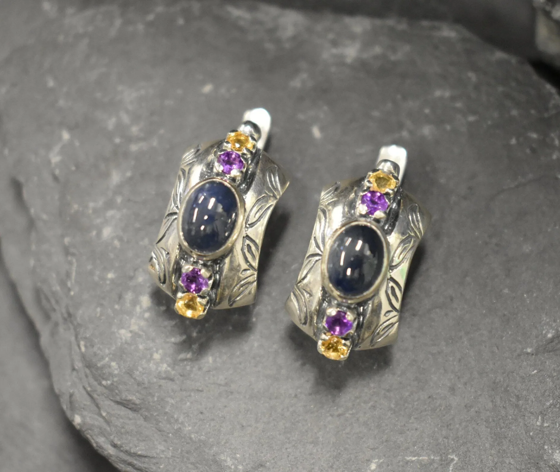 Genuine Sapphire Earrings - Genuine Citrine Amethyst Earrings - Blue Yellow Purple Tribal Earrings