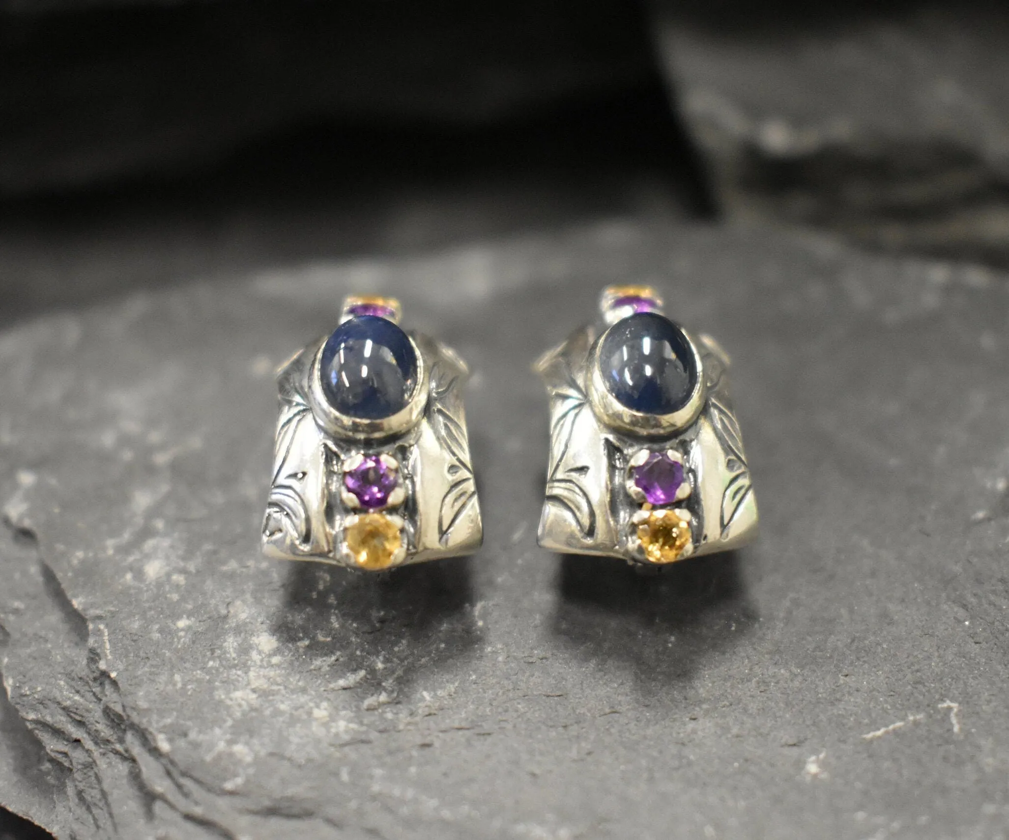 Genuine Sapphire Earrings - Genuine Citrine Amethyst Earrings - Blue Yellow Purple Tribal Earrings